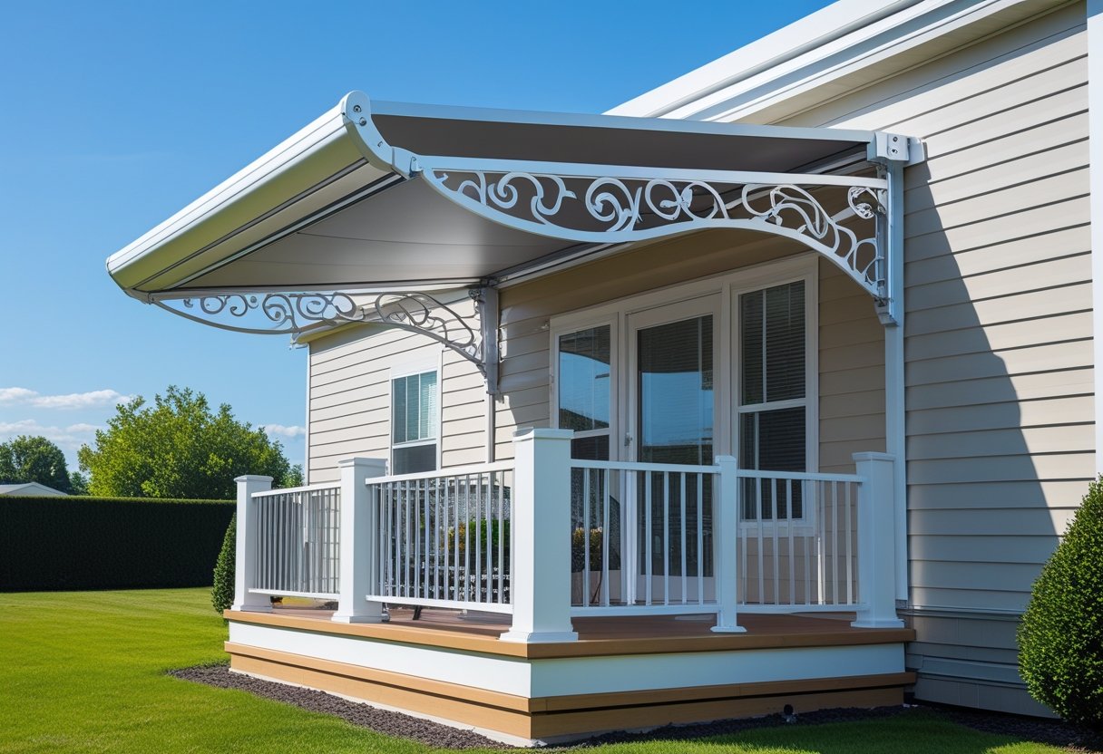 Mobile home with a stationary aluminum awning supported by decorative brackets shading a porch area on a sunny day.