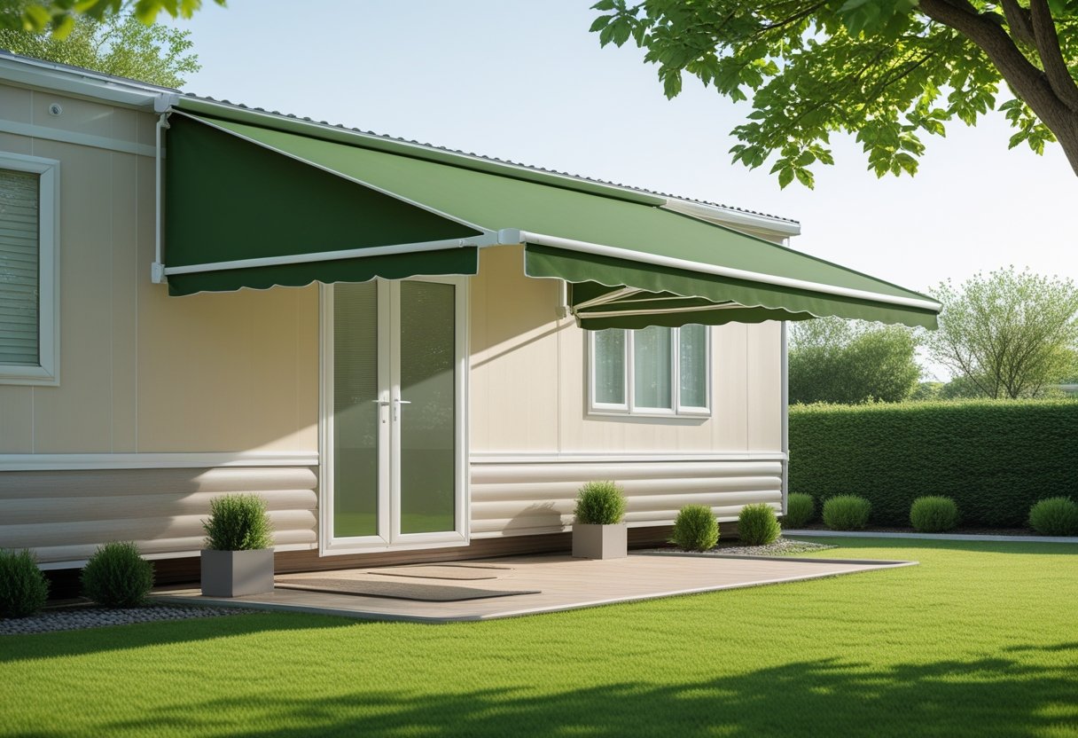 A green canvas awning over the entrance of a mobile home surrounded by a landscaped yard with grass and trees.