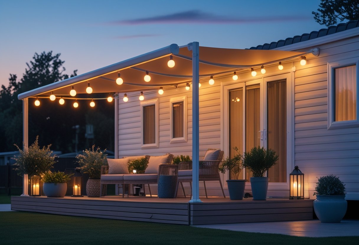 Outdoor evening scene with string lights hanging above a mobile home awning and a cozy patio area.