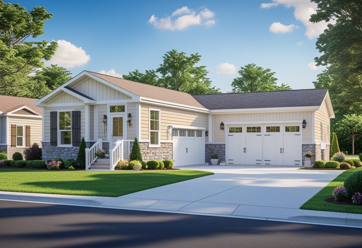 A large, modern triple wide manufactured home with a front porch, green lawn, and clear blue sky.