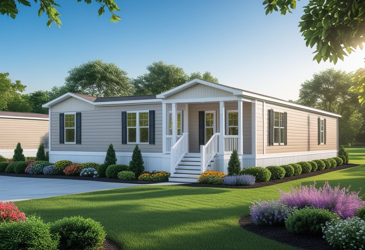 A spacious triple wide manufactured home with a front porch, surrounded by green lawn and colorful landscaping under a clear blue sky.