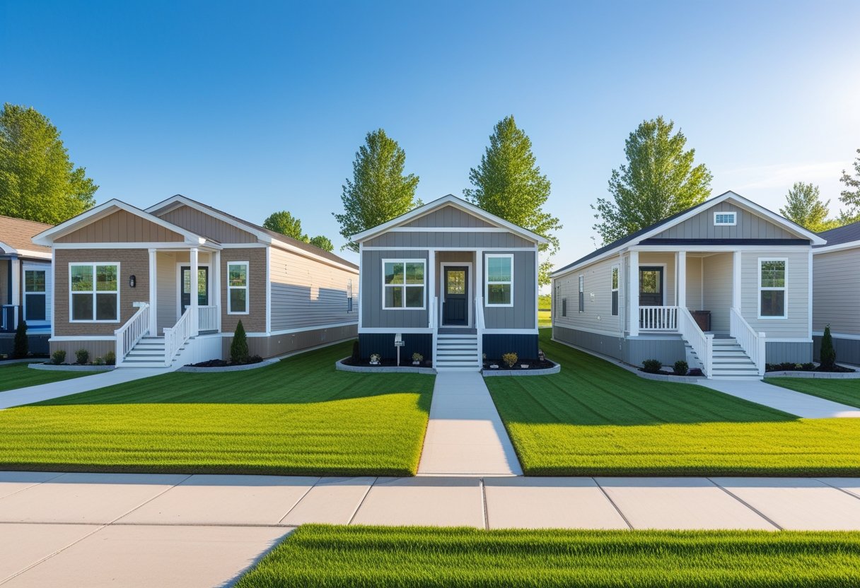 Three modern manufactured homes side by side with green lawns and clear blue sky.