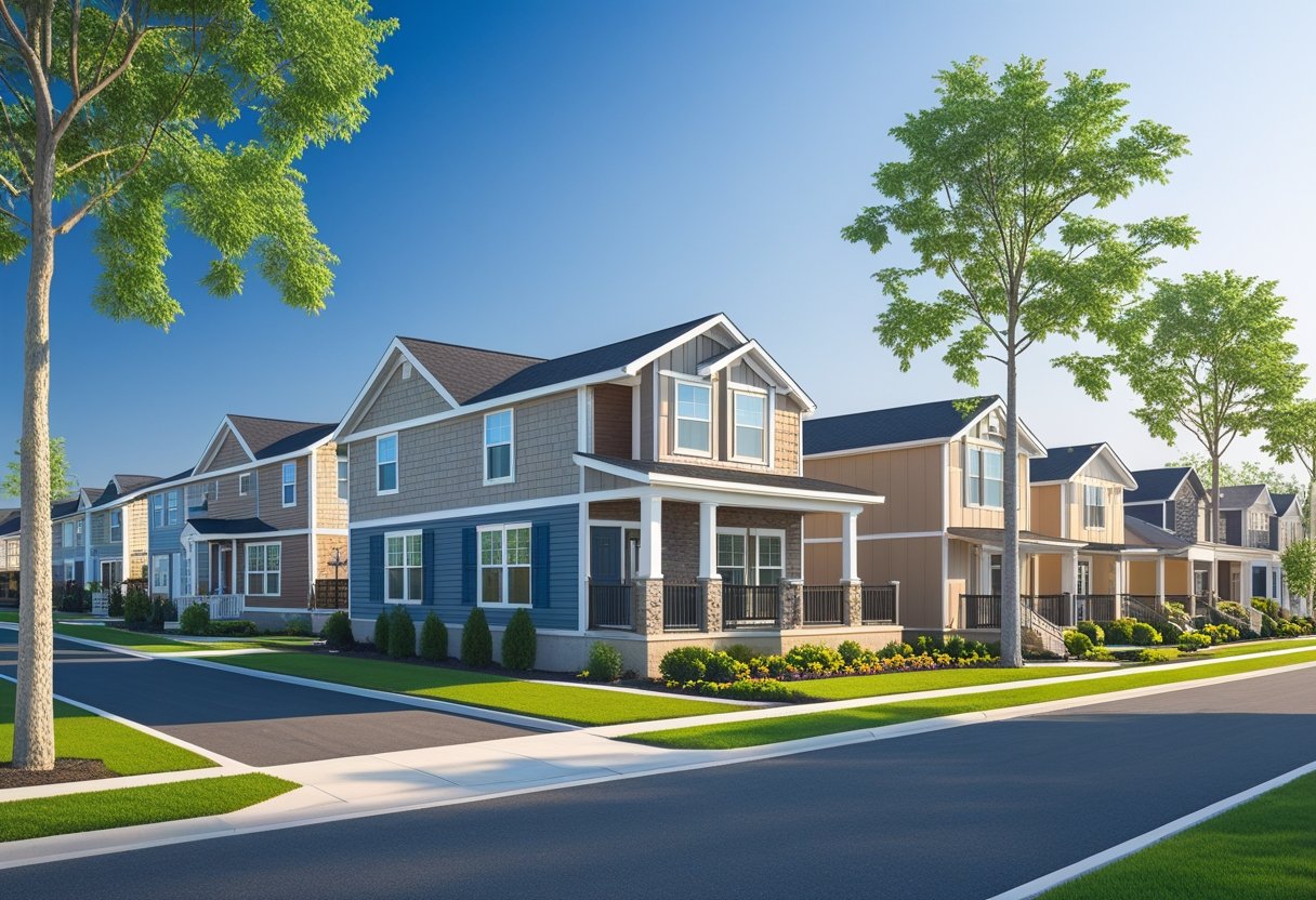 A row of ten modern triple wide manufactured homes with green lawns and trees along a sunny street.