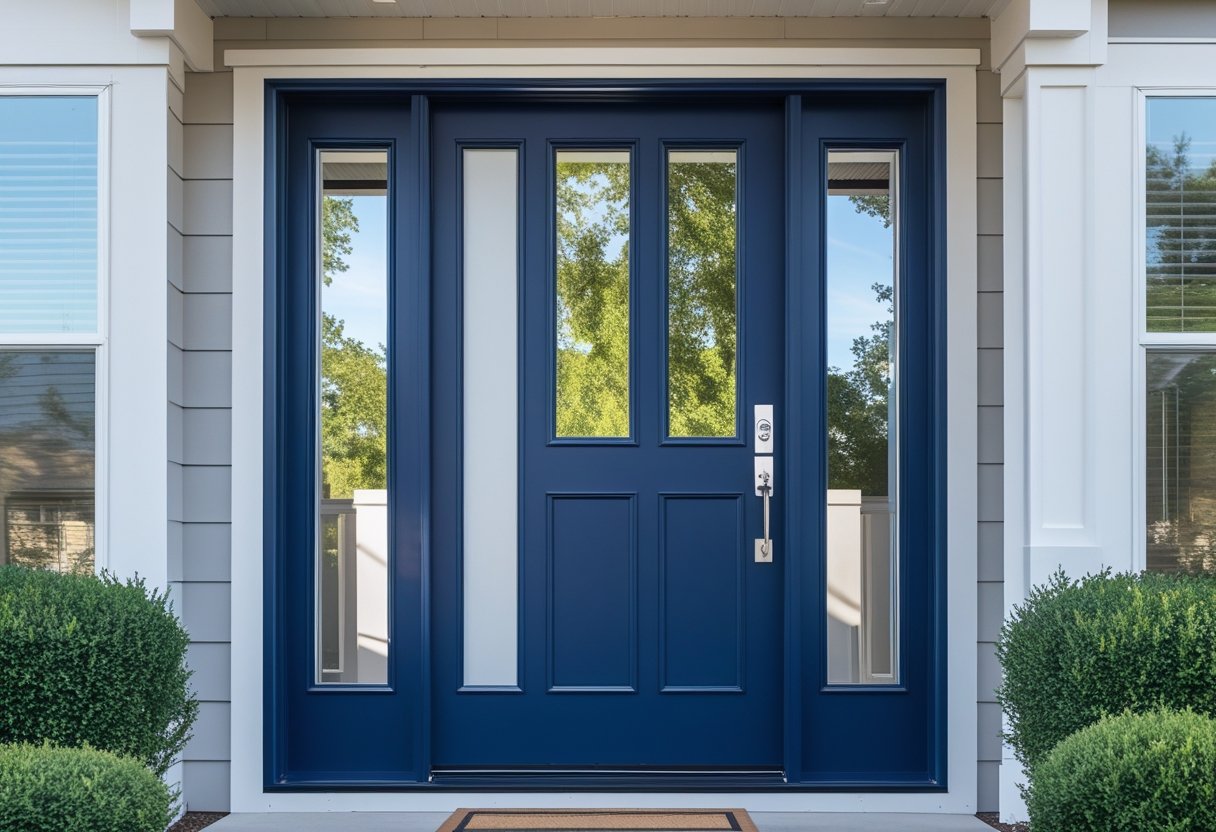 A bold navy blue front door with stainless steel hardware on a manufactured home exterior.