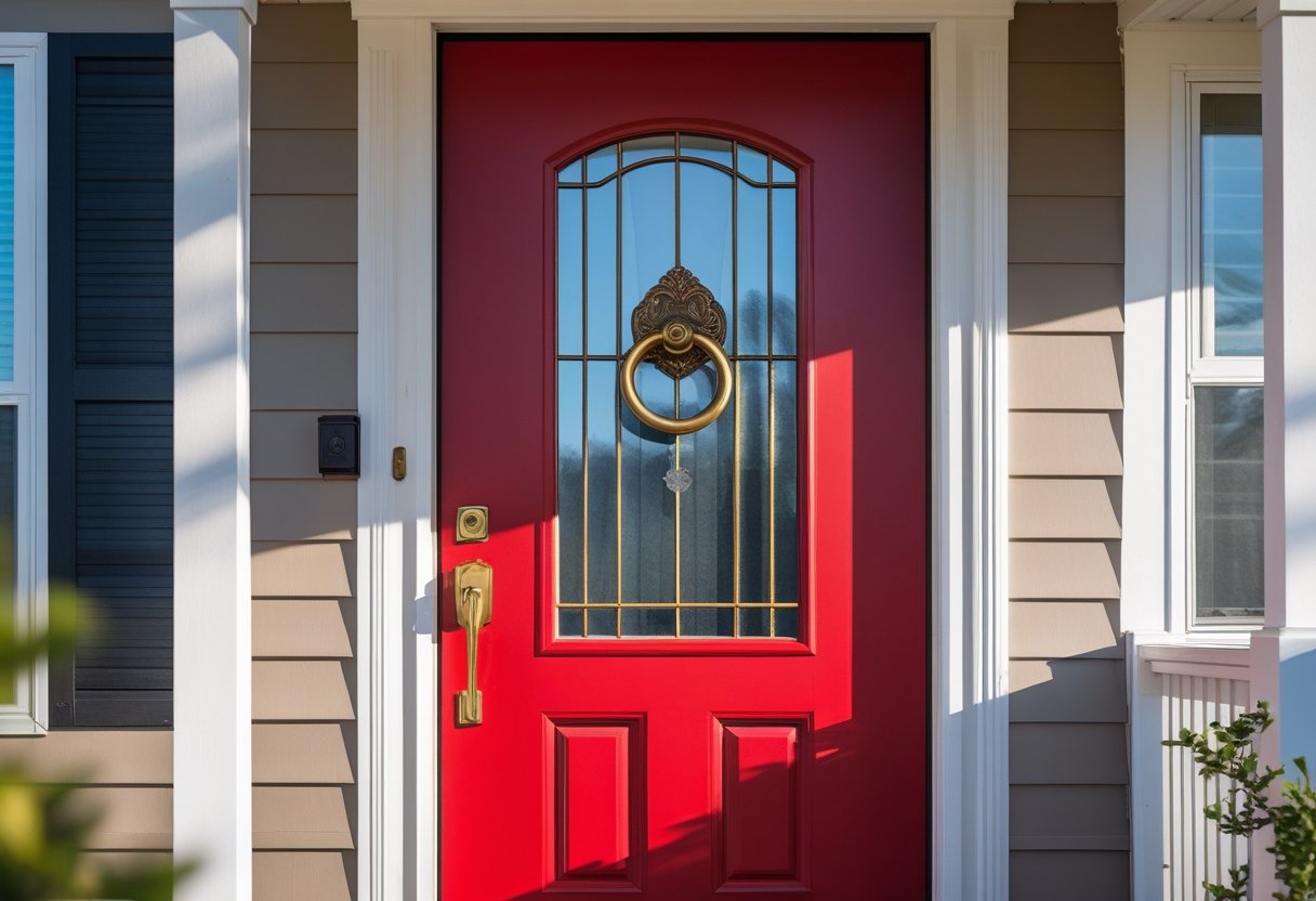 A red steel front door with a vintage brass knocker on a manufactured home.