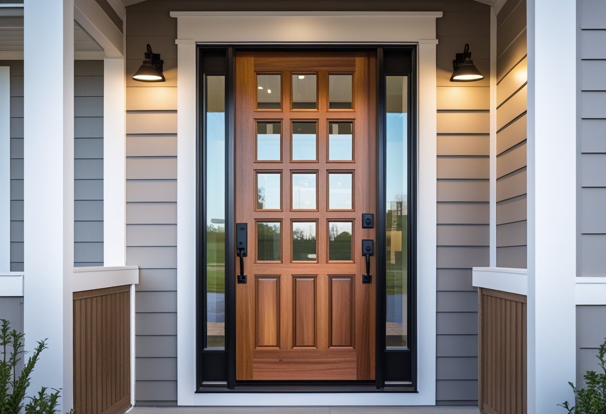 Front door of a manufactured home with multiple square glass panels and wooden finish, shown in natural daylight.