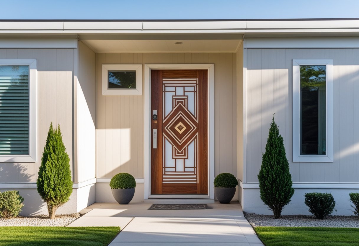 A manufactured home front door with geometric patterns and a clean, well-kept entrance area.