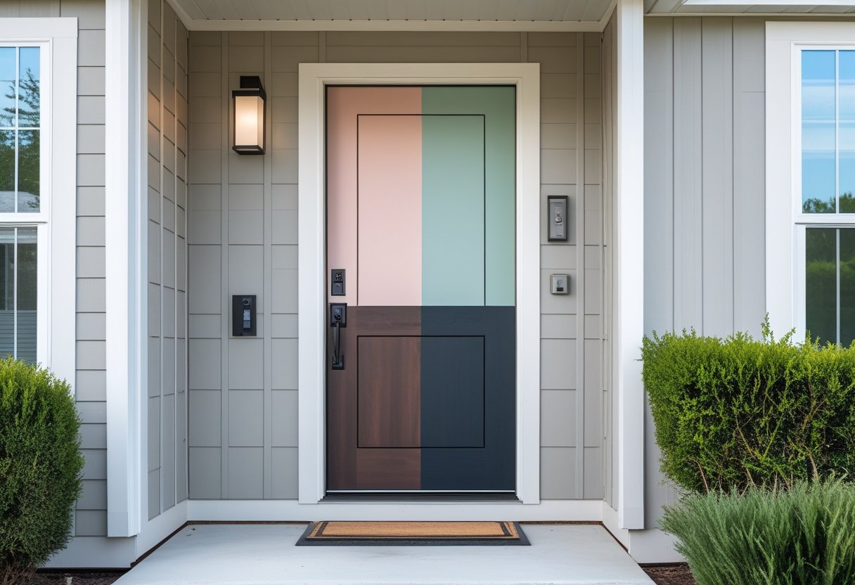 A manufactured home front entrance with a two-tone painted door featuring pastel and dark shades.