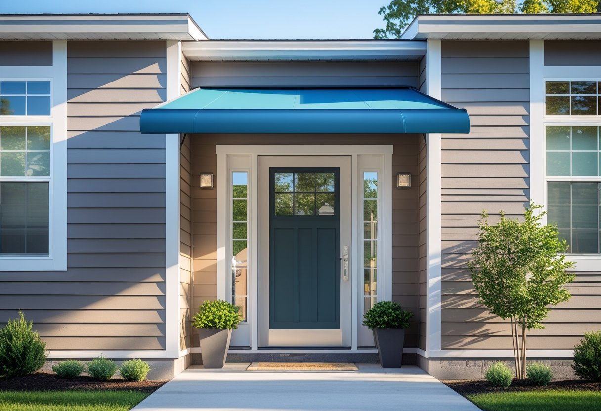 Front entrance of a manufactured home with a matching material door awning providing shade and protection over the door.