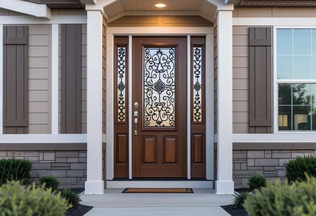 Front door of a manufactured home with a decorative wrought iron grille insert in the glass panel.