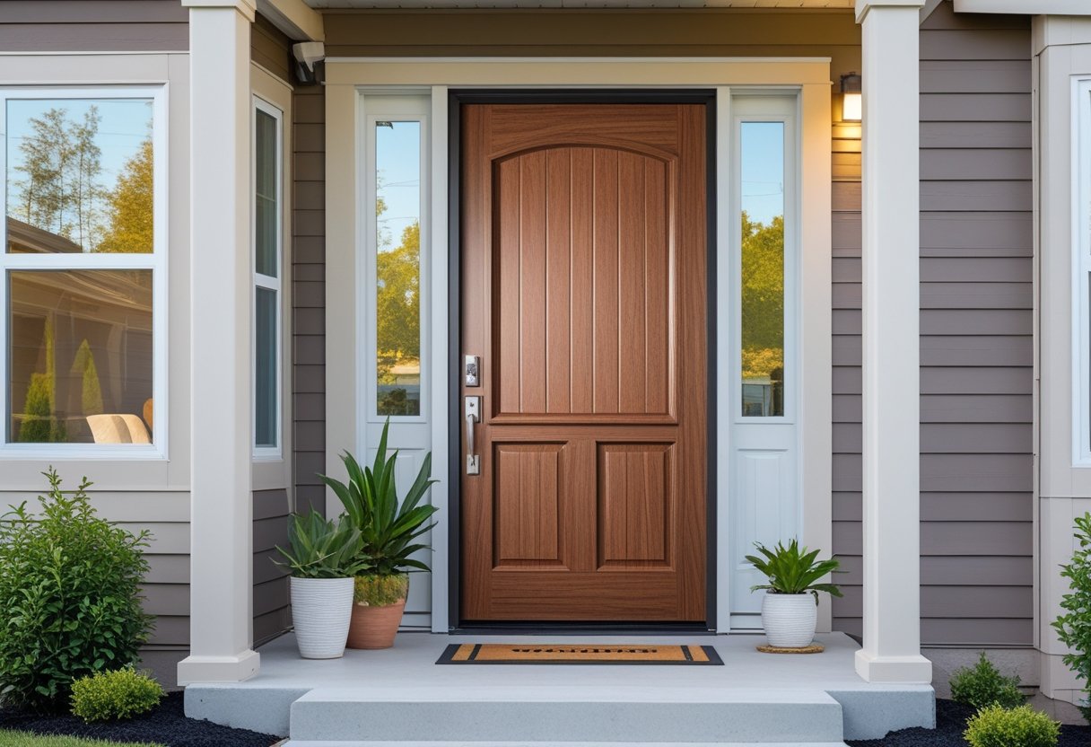 Front view of an energy-efficient fiberglass door with wood grain texture on a manufactured home, surrounded by plants and a small porch.