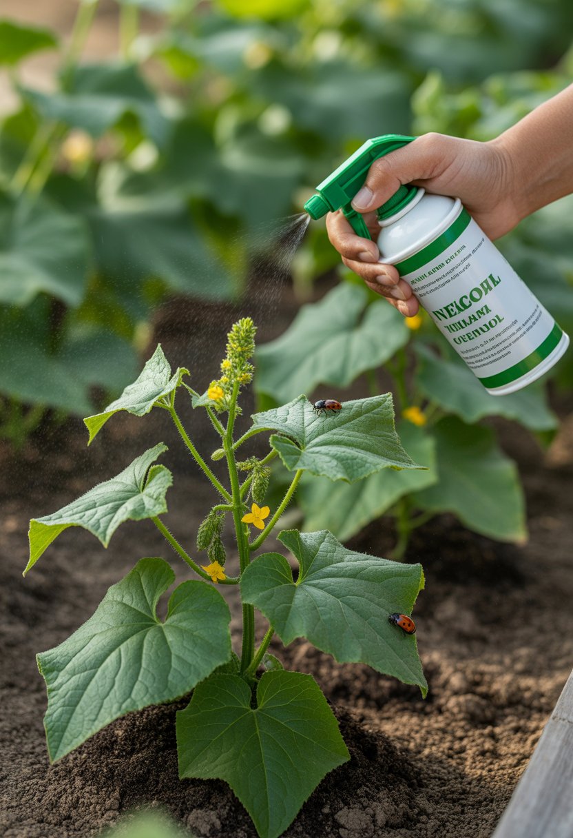 A gardener spraying natural insecticidal soap on cucumber plants with ladybugs visible on the leaves in a garden.