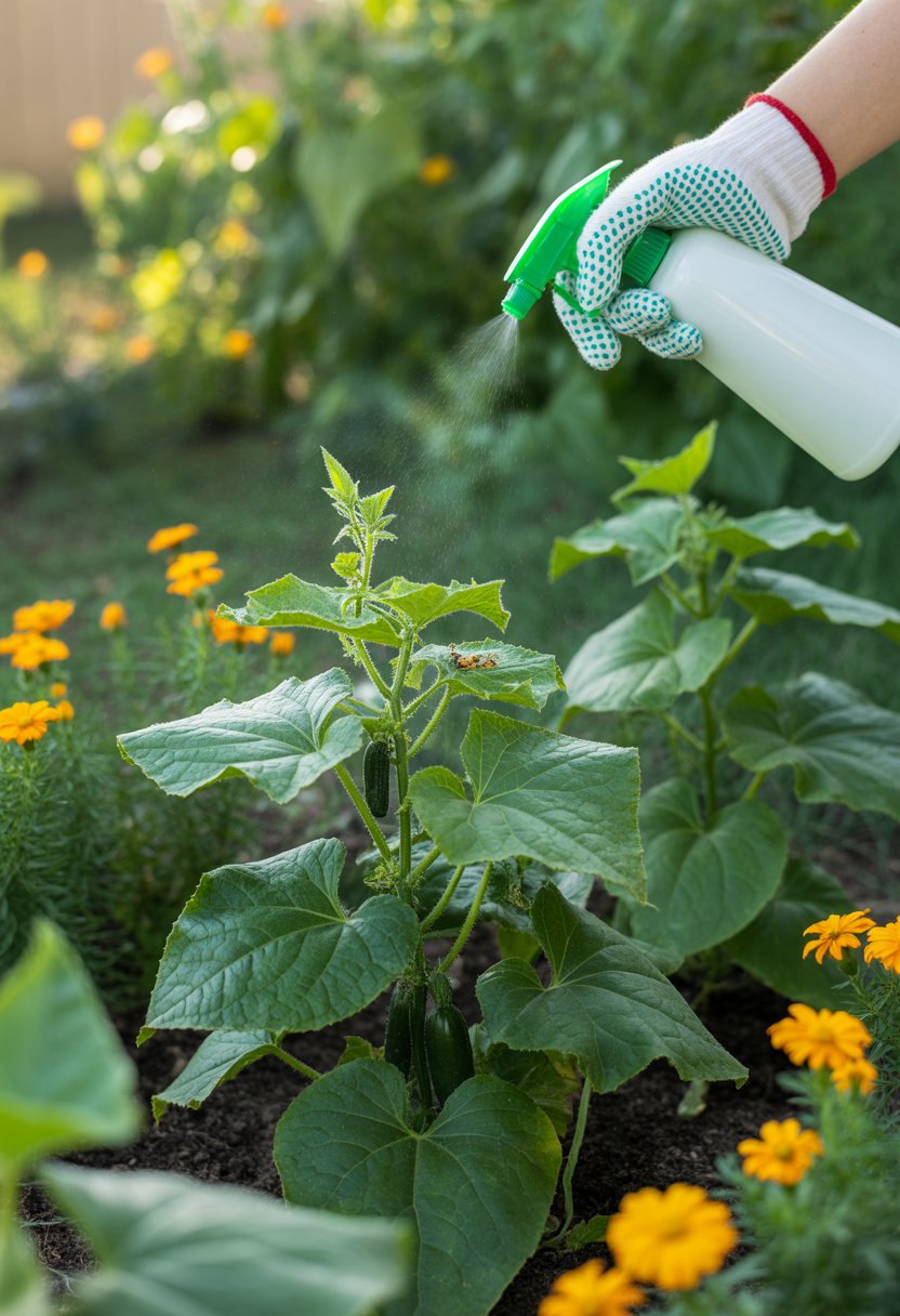 A person spraying a natural solution on cucumber plants with beetles in an organic garden surrounded by marigolds and herbs.