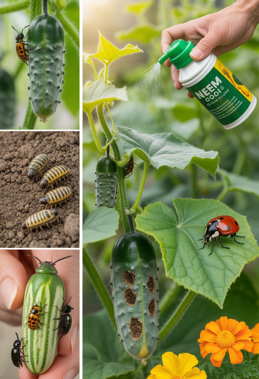 Close-up images showing the cucumber beetle life cycle stages on cucumber plants and soil, alongside a gardener applying organic pest control methods like neem oil spray and companion planting with marigolds.
