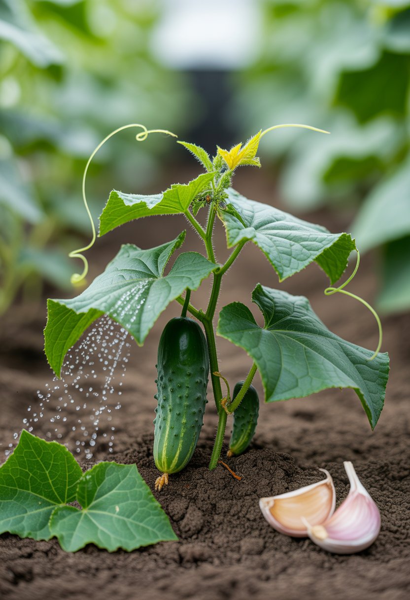 Close-up of a cucumber plant with cucumber beetles on its leaves and natural organic elements nearby in a garden.