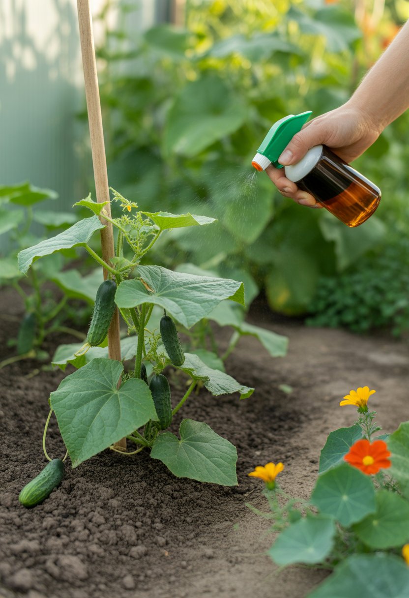 A gardener spraying neem oil on cucumber plants infested with beetles in a healthy vegetable garden.