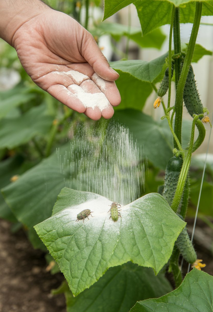 A hand sprinkling white powder onto cucumber plant leaves with small cucumber beetles in a garden.