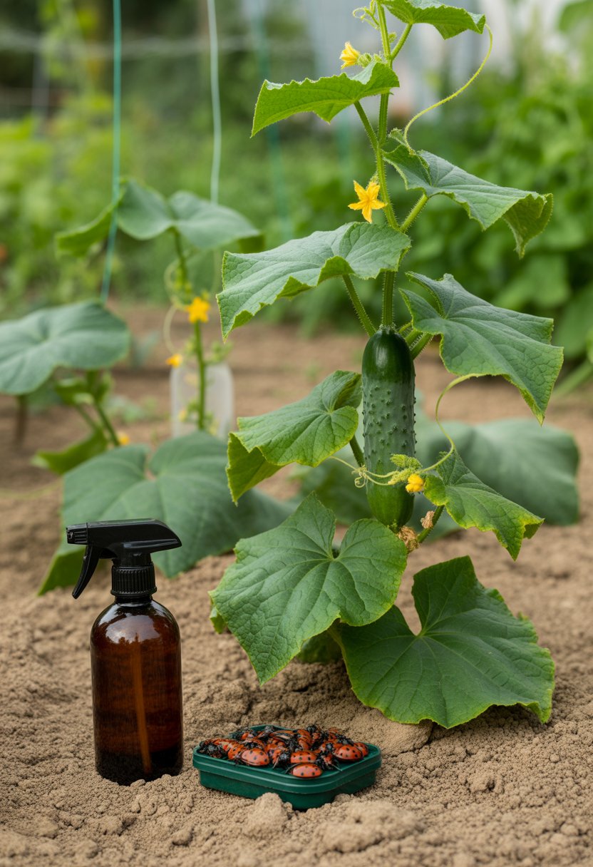A cucumber plant growing in a garden with organic insect control tools nearby and healthy green leaves.