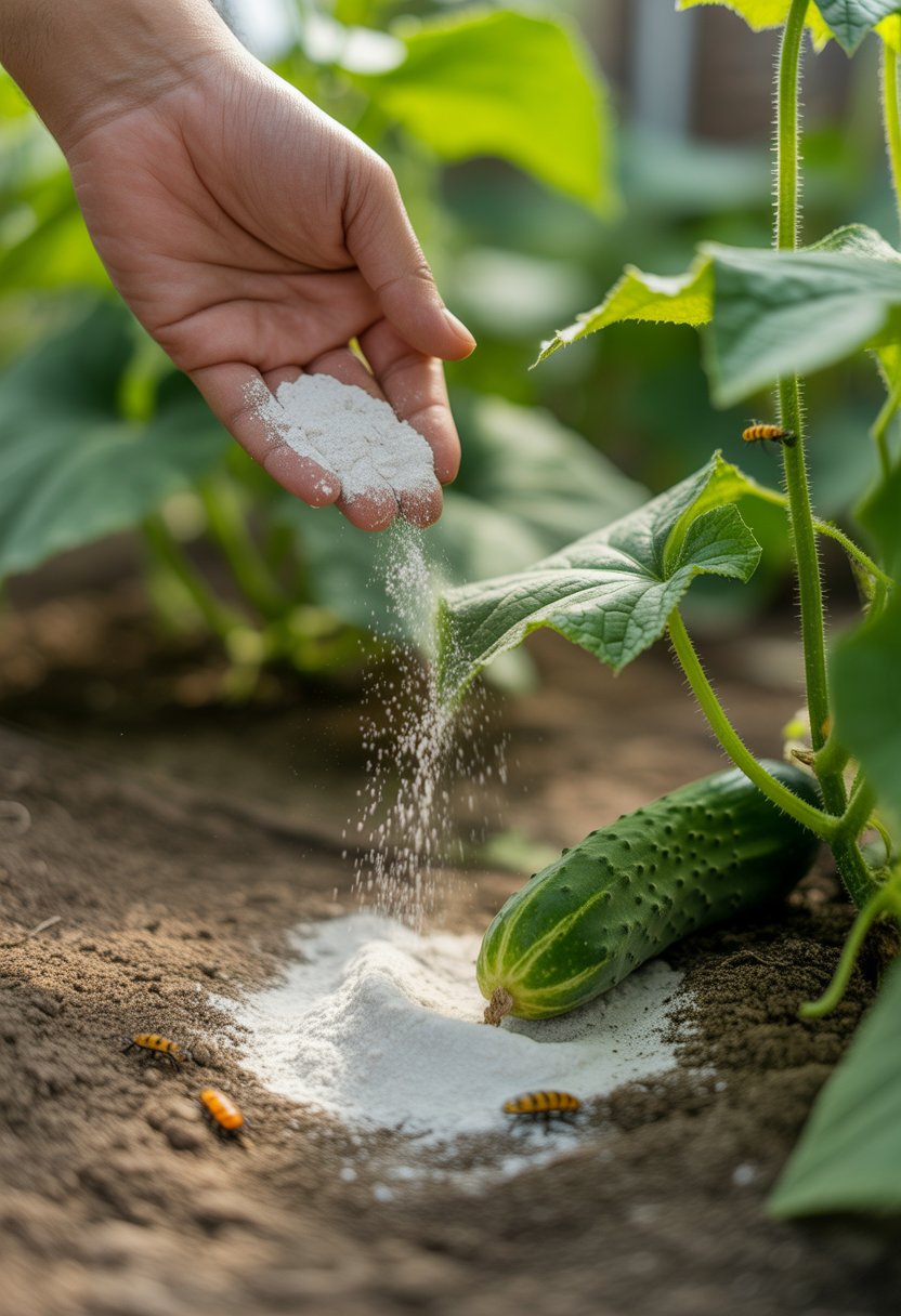 A hand sprinkling white powder around a cucumber plant with cucumber beetles on the soil.