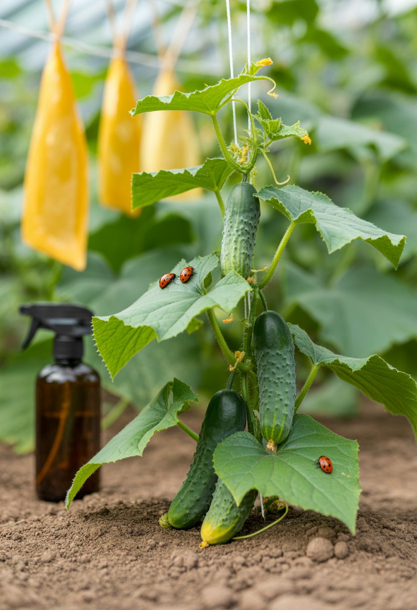 Close-up of a healthy cucumber plant with ladybugs, neem oil spray, and yellow sticky traps in a garden.