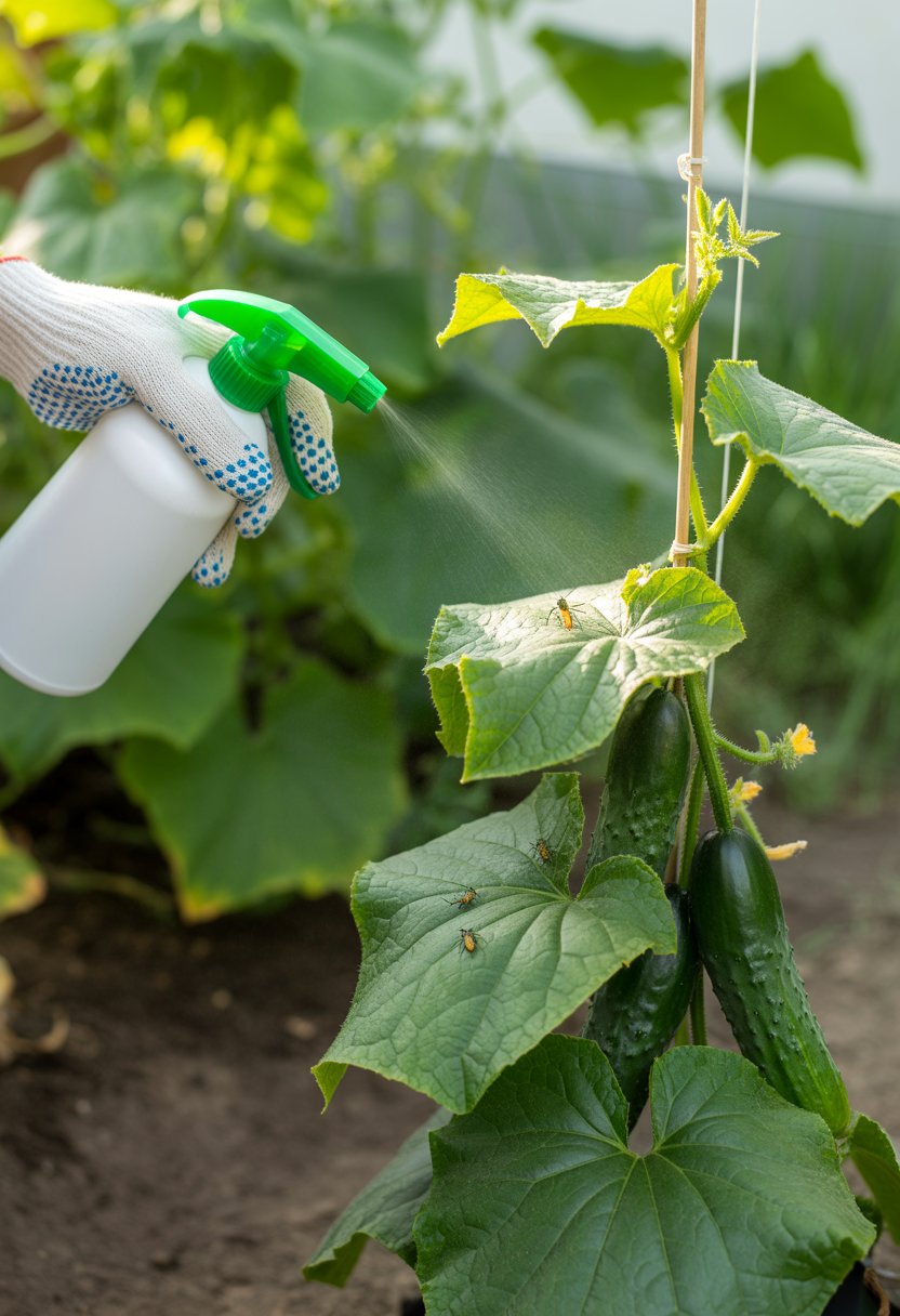 A person spraying organic insecticide on cucumber plants to control cucumber beetles in a garden.