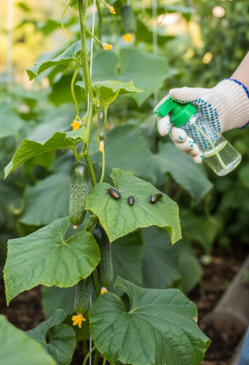 A person wearing gardening gloves sprays an organic solution on cucumber plants to remove cucumber beetles in a garden.