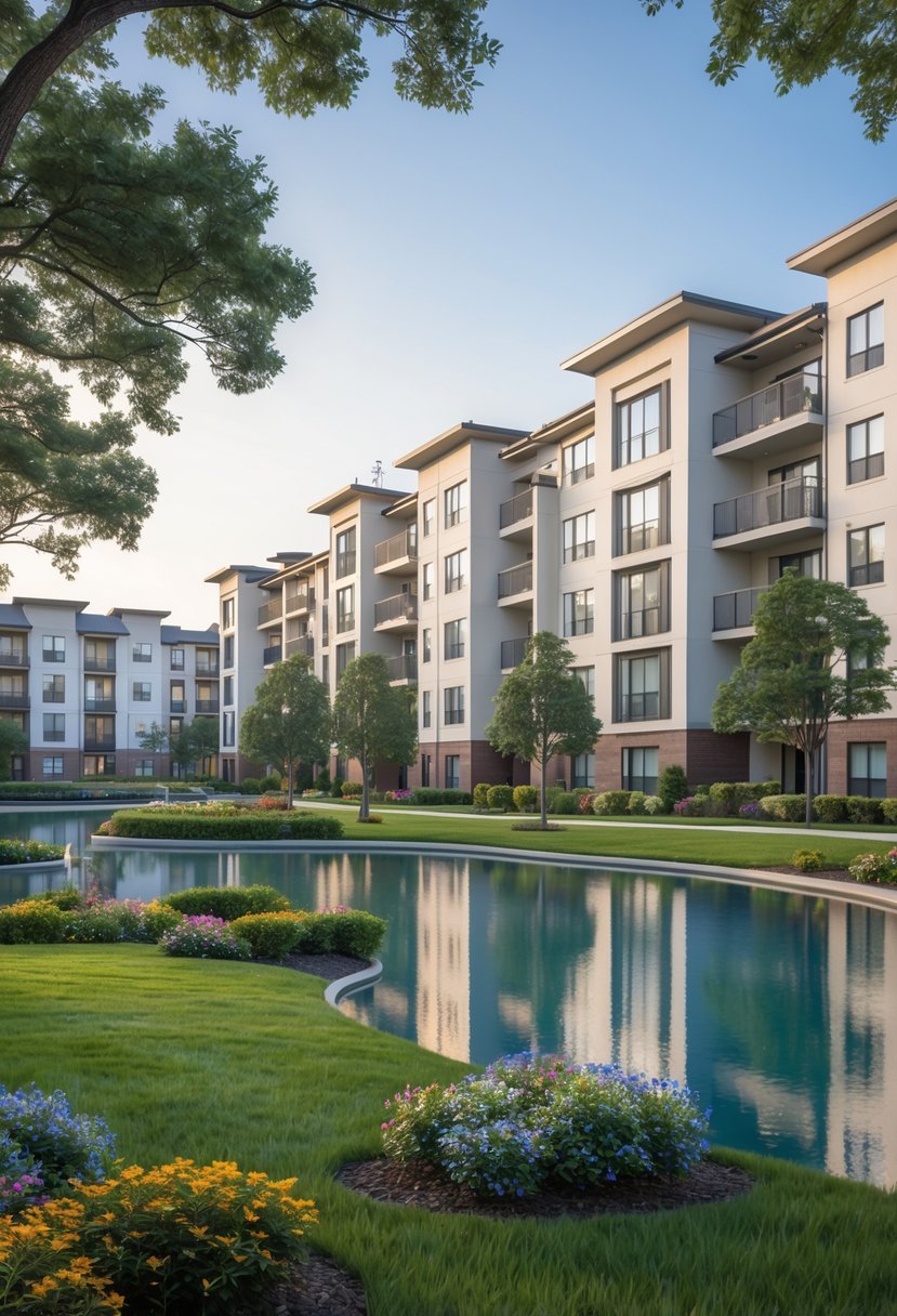 Modern apartment buildings surrounded by green lawns, trees, and a small lake under a clear sky.