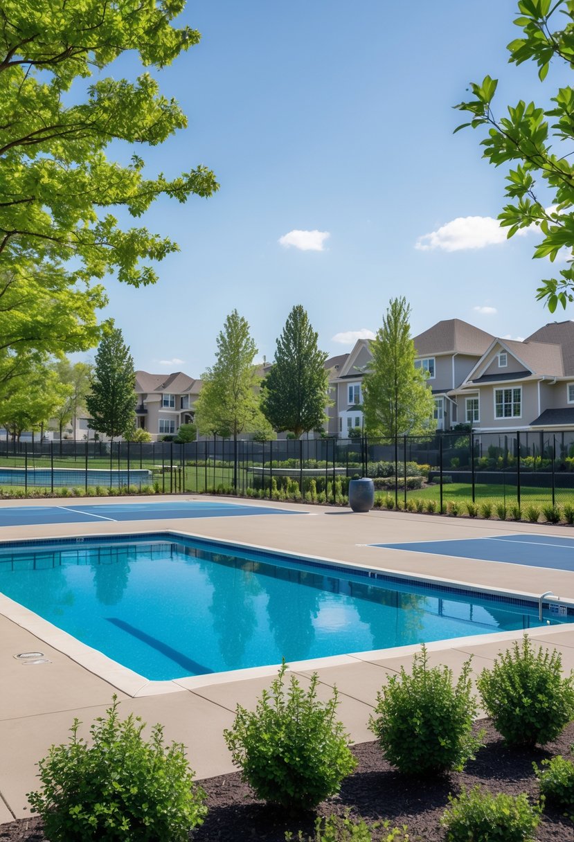 Outdoor heated swimming pool and tennis courts in a residential community surrounded by trees and houses on a sunny day.
