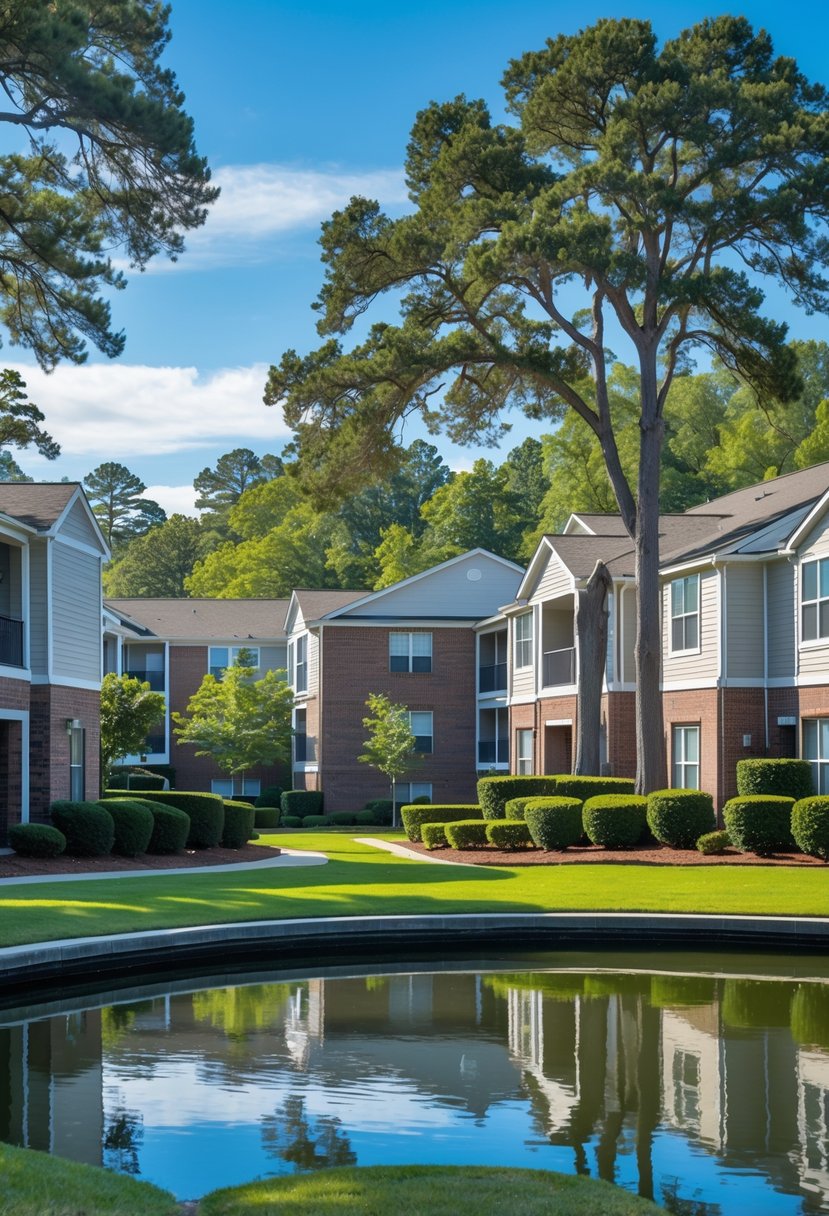 Apartment buildings surrounded by trees and a calm lake under a clear sky.