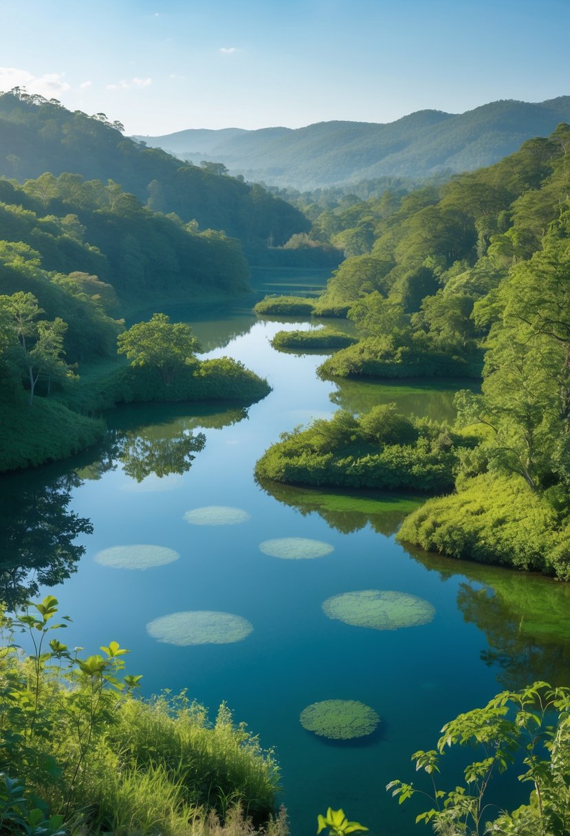 Seven clear lakes surrounded by dense green forest and hills under a blue sky.