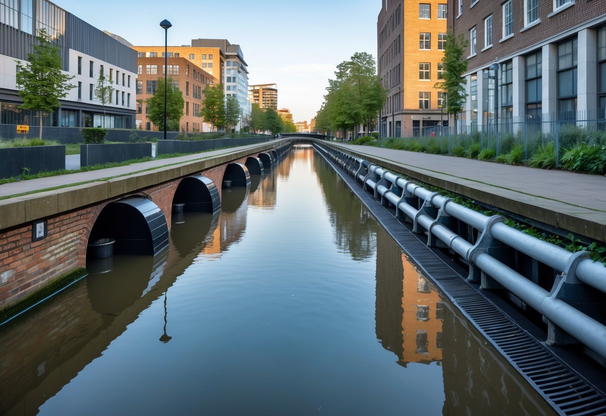 A city canal in Digbeth with water at moderate level, surrounded by buildings and visible drainage infrastructure along the water's edge.