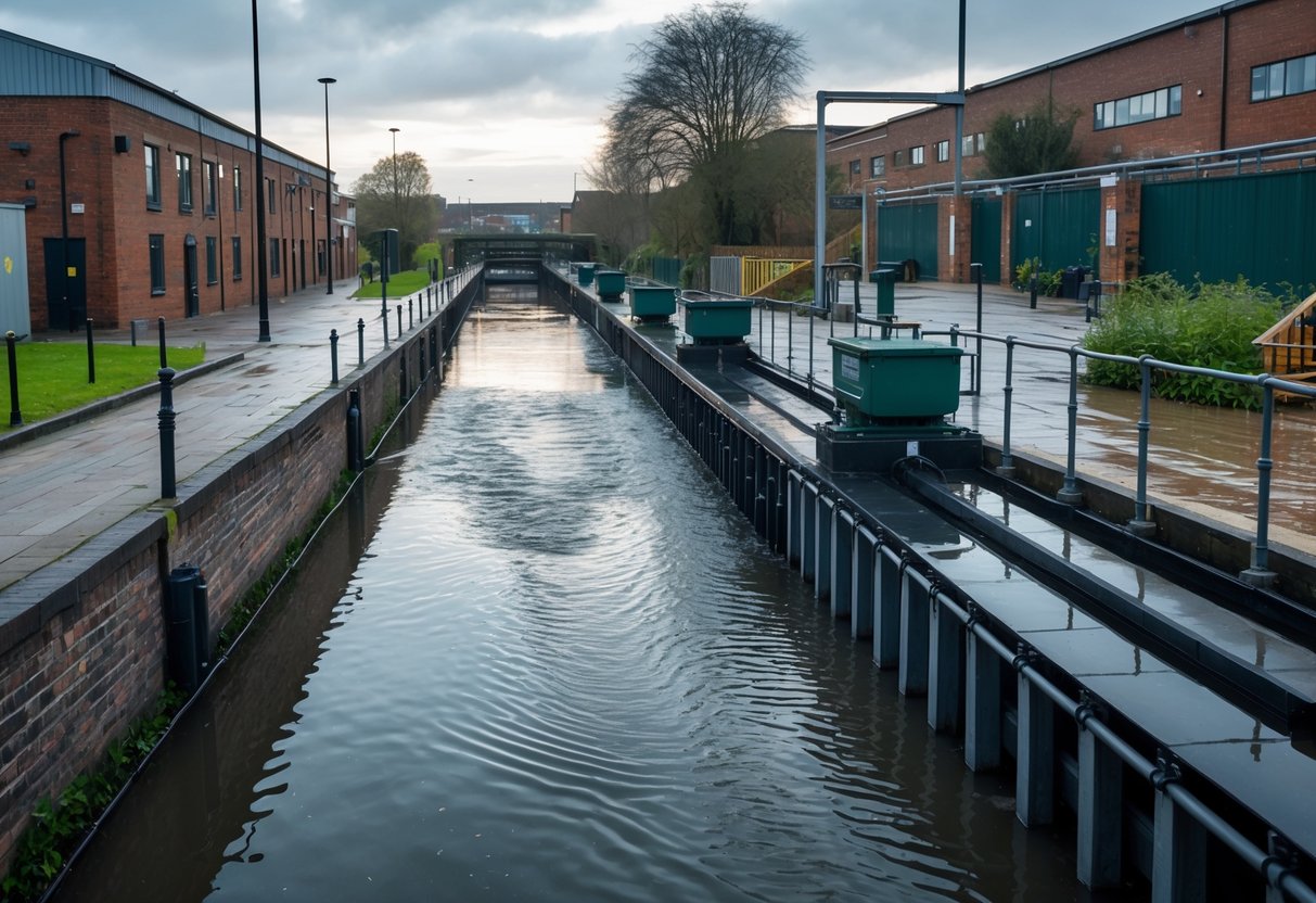 A canal in an urban area with high water levels next to drainage infrastructure and brick buildings under an overcast sky.