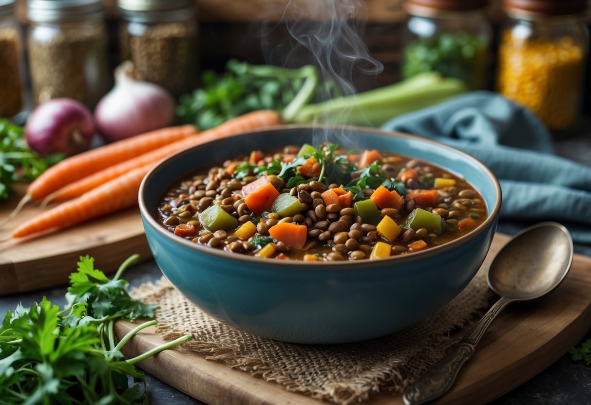 A bowl of smoky lentil and vegetable chili on a kitchen countertop surrounded by fresh vegetables and cooking utensils.