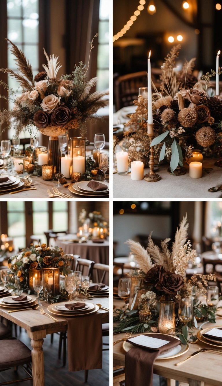 A wedding setup featuring tables decorated with chocolate brown linens, dried flowers, candles, and rustic wooden accents.