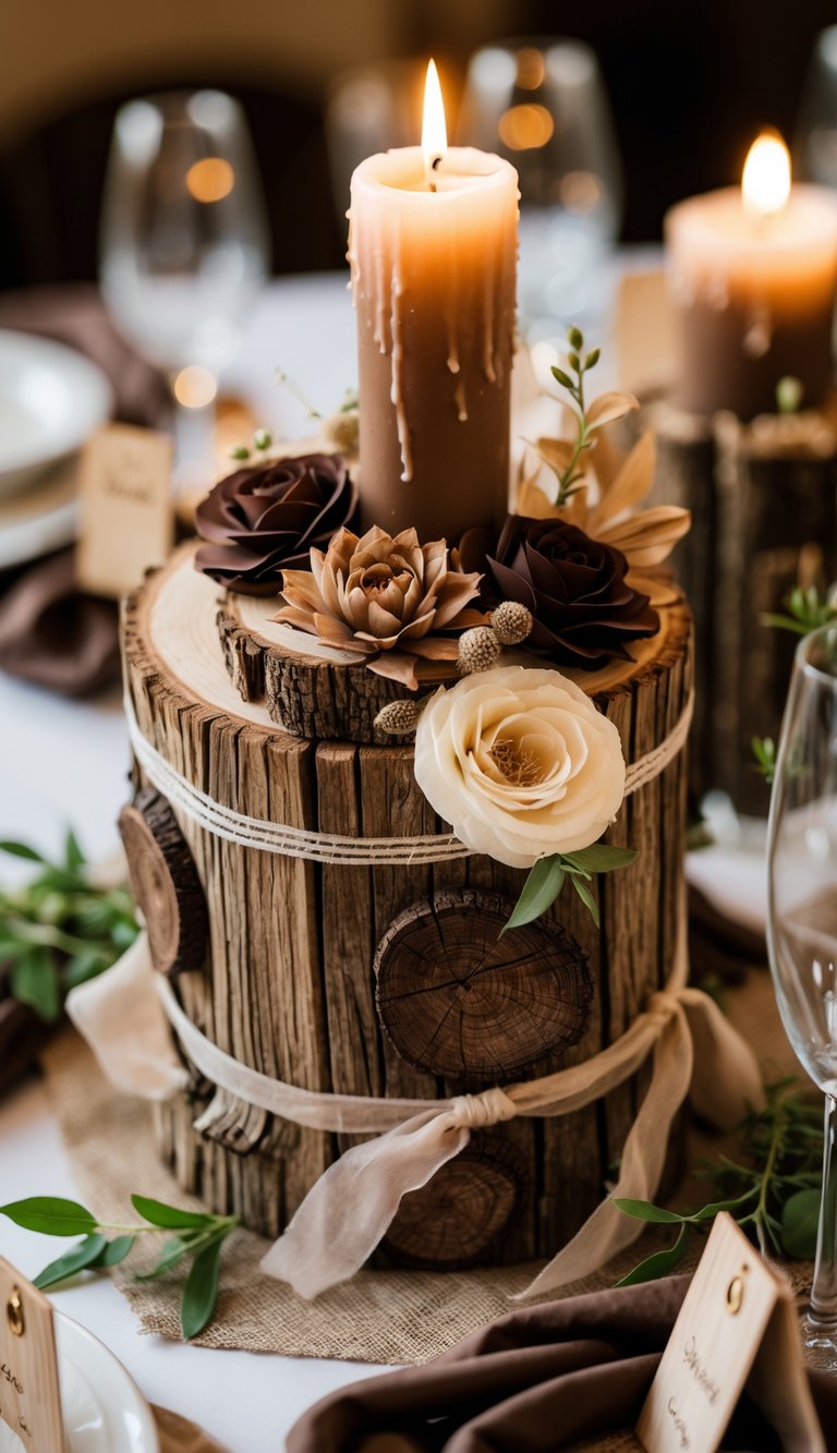 A wedding table with rustic wooden centerpieces decorated with chocolate brown accents, candles, and greenery.