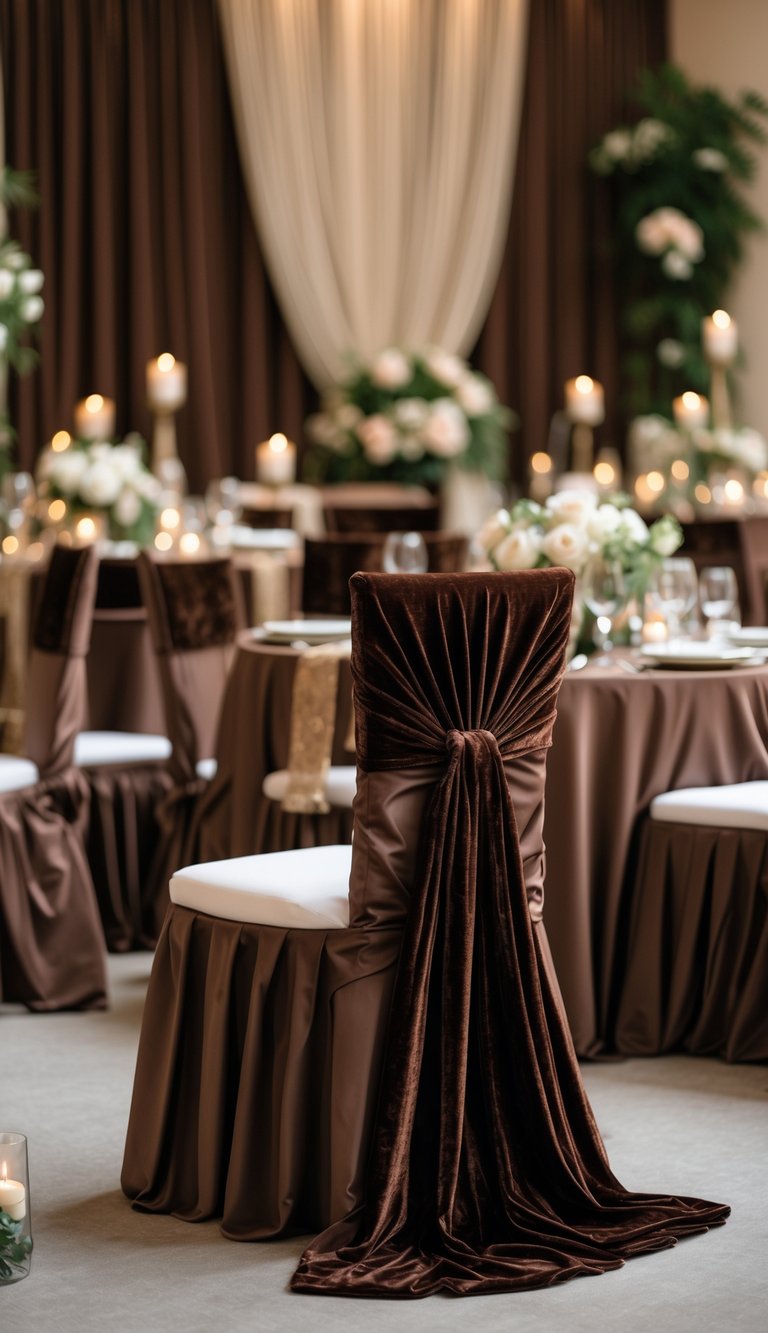 Chairs covered with velvet chocolate brown fabric arranged around decorated wedding tables.