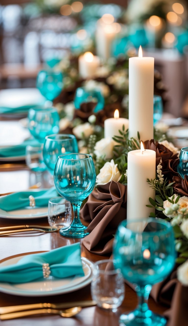 Turquoise glassware displayed on brown wooden tables with chocolate brown wedding decorations.