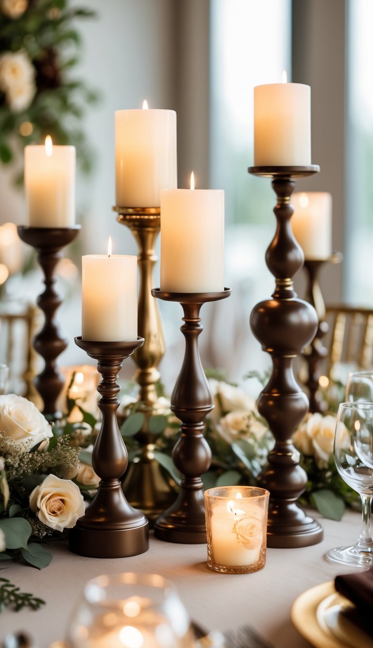 An arrangement of chocolate brown and gold candle holders with lit candles on a decorated wedding table.