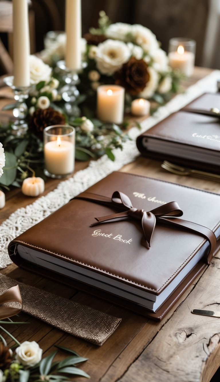 Brown leather-bound wedding guest books displayed on a wooden table with candles, flowers, and greenery.