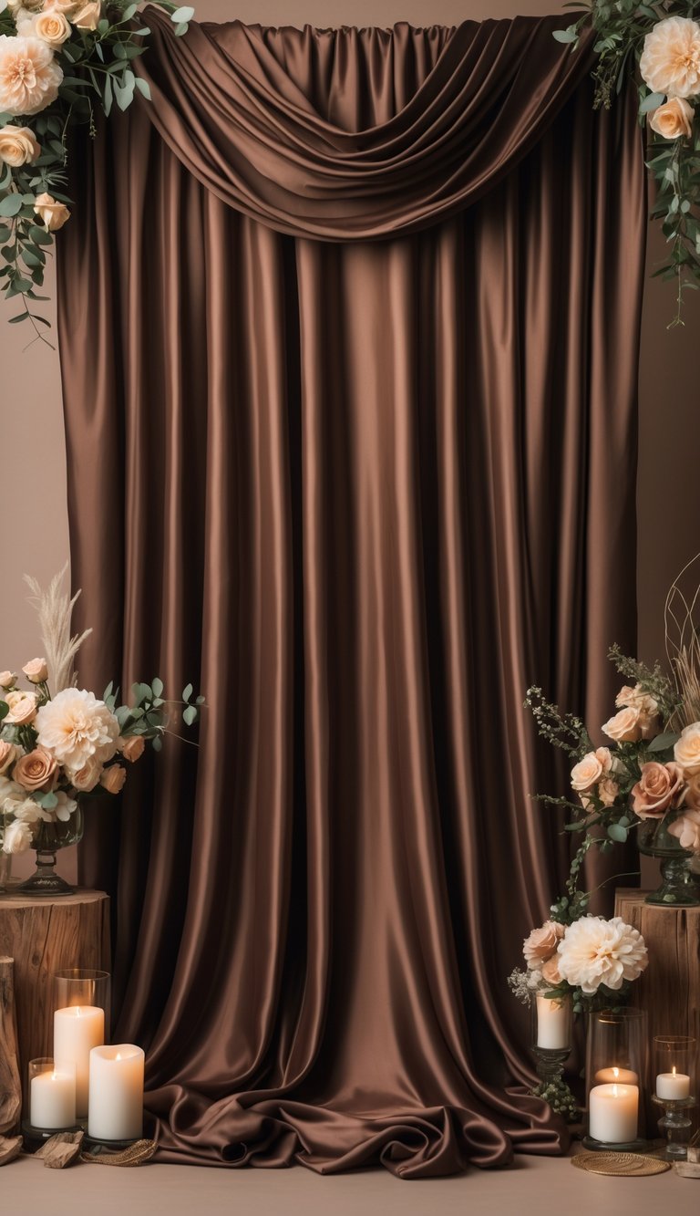 A chocolate brown silk fabric backdrop with wedding decorations including flowers, candles, and wooden accents.