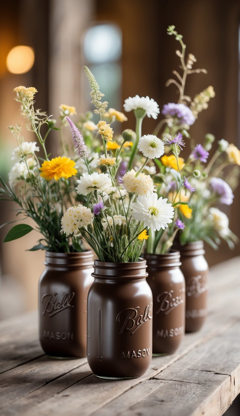 Brown mason jar vases filled with wildflowers arranged on a wooden table.