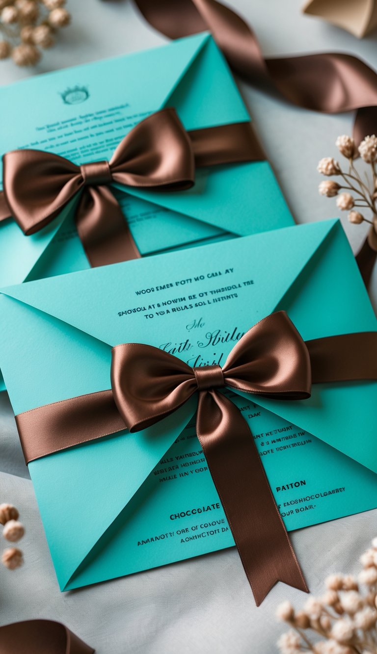 Turquoise wedding invitations tied with a chocolate brown ribbon, displayed with matching brown decorative accents.