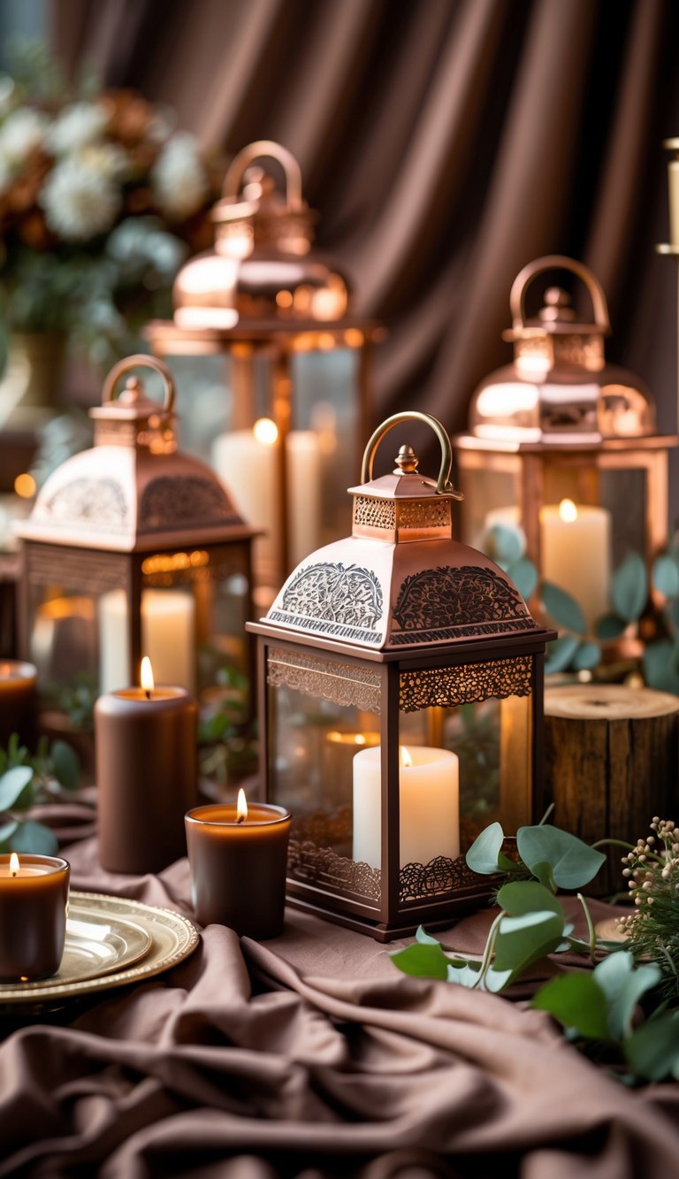 Copper lanterns with brown detailing arranged with wedding decor including candles and greenery.
