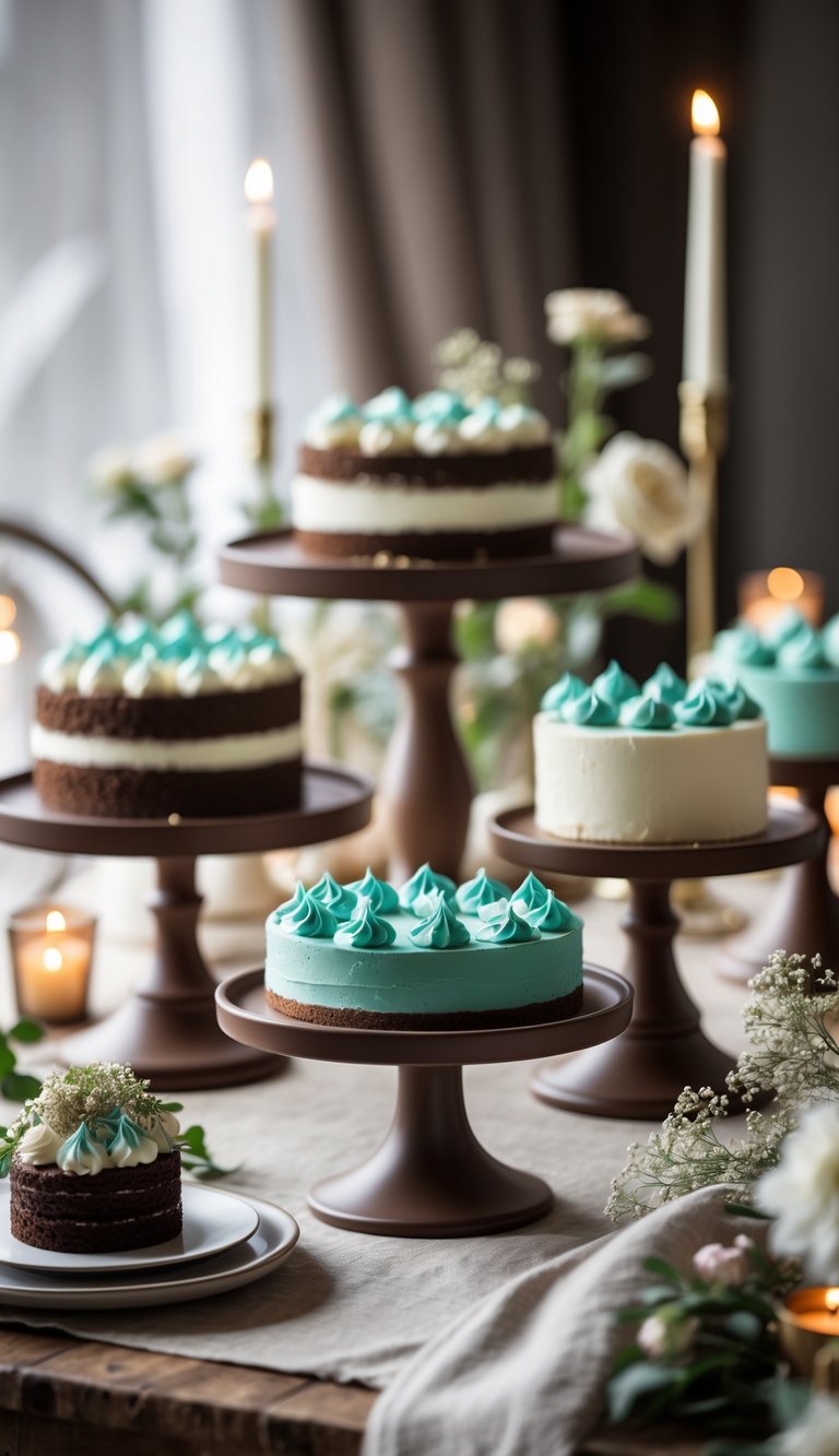 A display of brown ceramic cake stands holding cakes and desserts with turquoise frosting accents on a wooden table.
