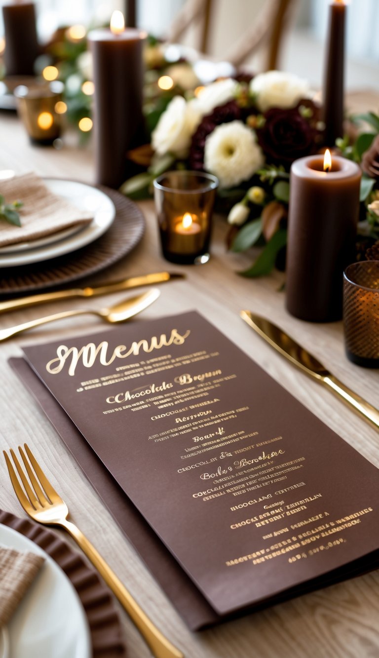 A wedding table setting with chocolate brown menus and gold accents surrounded by matching brown candles and floral decorations.