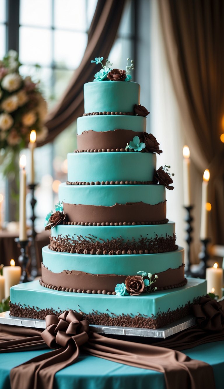 A turquoise and brown layered wedding cake on a decorated table with chocolate brown wedding decorations around it.