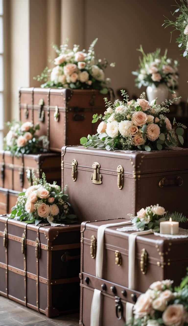 A group of brown vintage trunks arranged as gift tables decorated with flowers and greenery in a wedding setting.