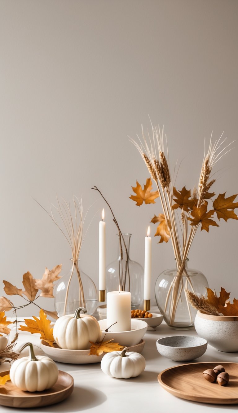 A collection of simple Thanksgiving decorations including pumpkins, candles, dried wheat, acorns, autumn leaves, and ceramic dishes arranged neatly on a neutral surface.