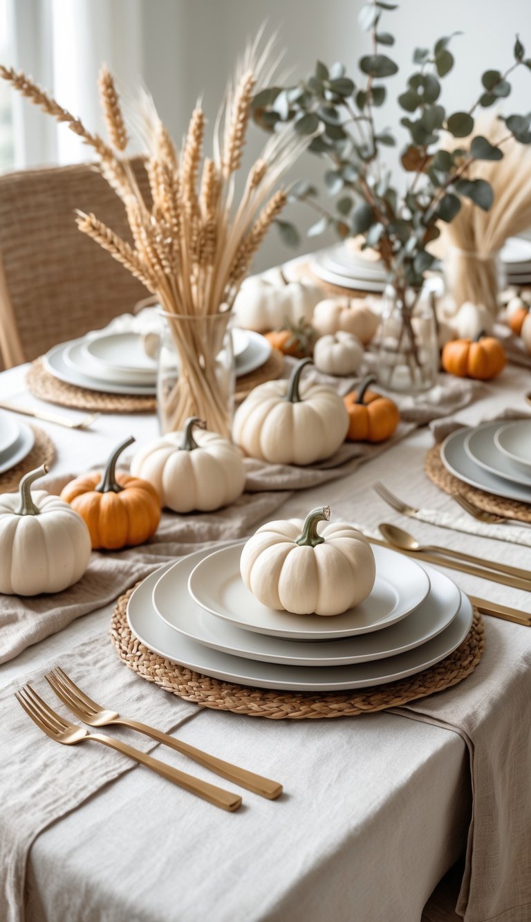 A dining table set with neutral colored linens, simple plates, natural decorations like pumpkins and dried plants, and warm natural lighting.