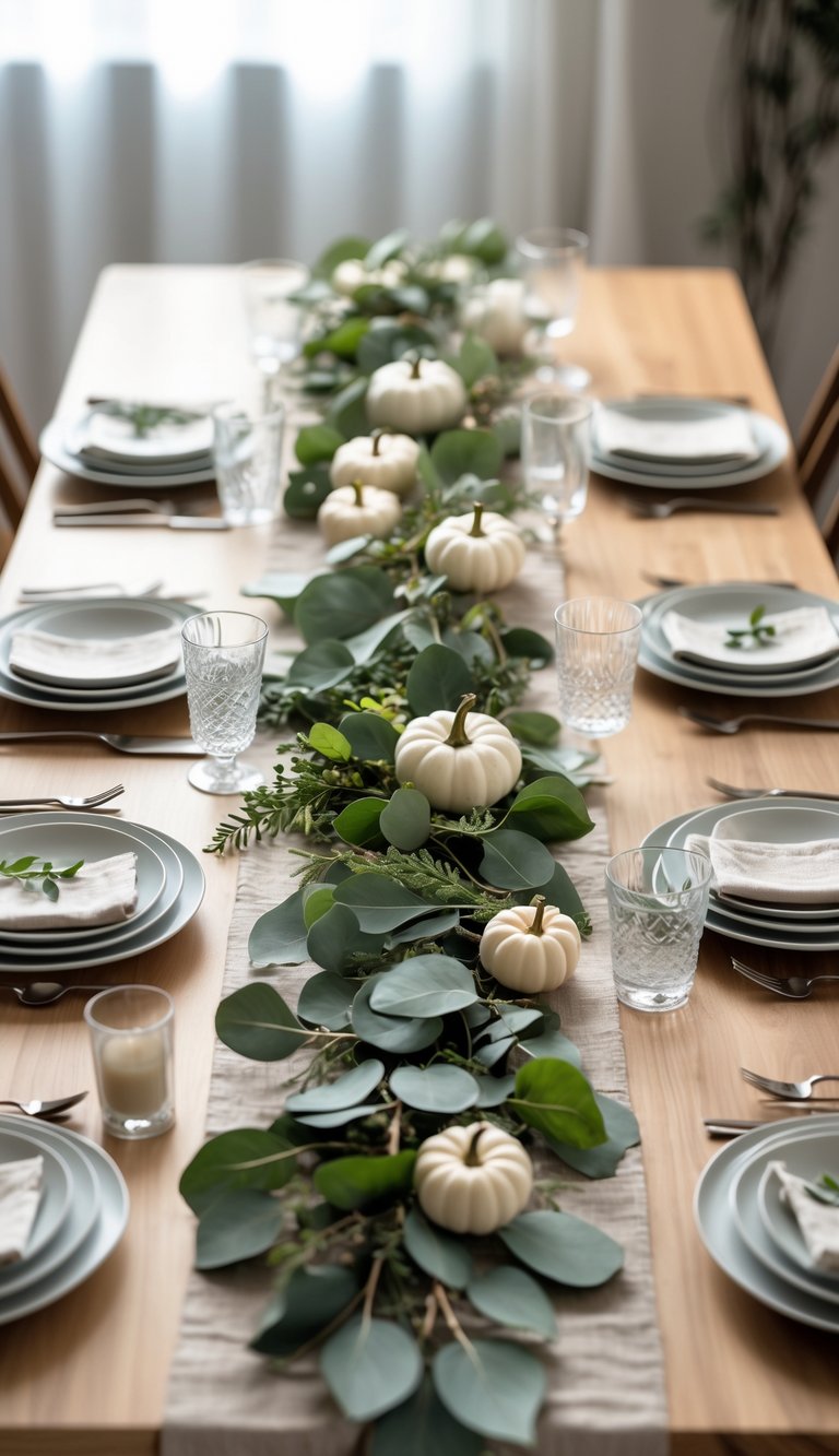 A dining table decorated for Thanksgiving with a green leafy runner, white plates, glassware, small white pumpkins, and candles.